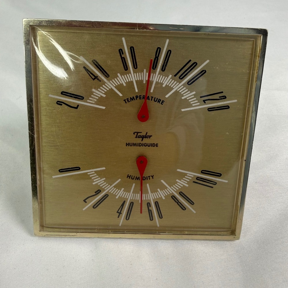 Vintage Taylor Humidiguide Desktop Thermometer Hygrometer Gold Tone Square